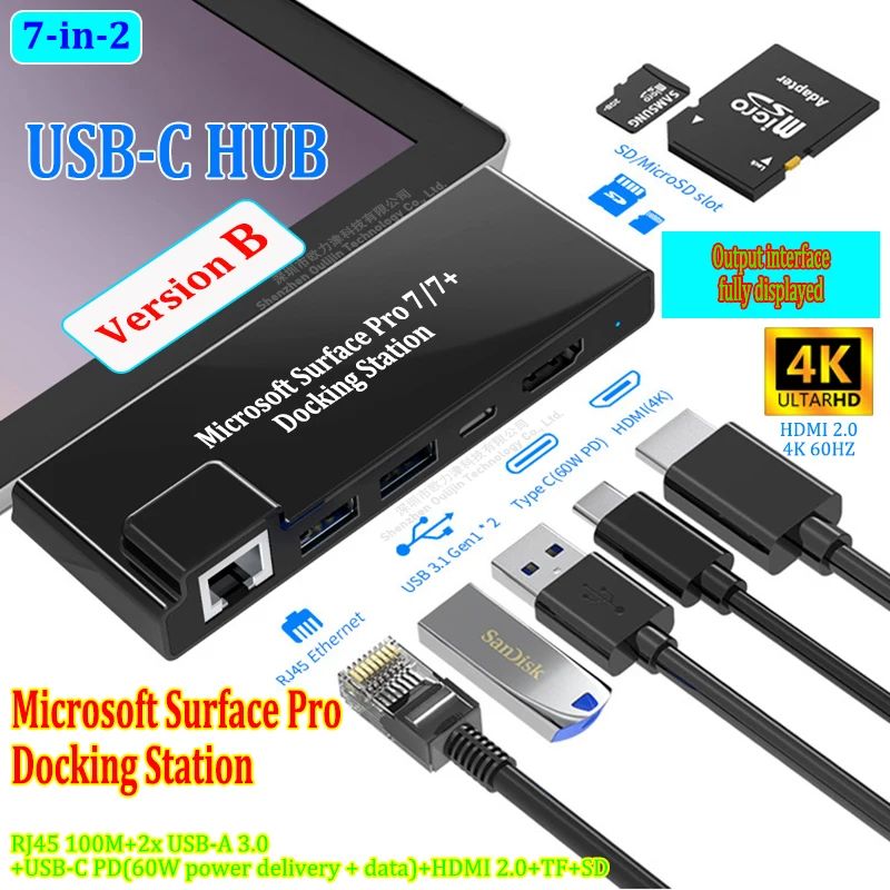 Surface Pro 7 Hub with 4K HDMI,USB 3.0,Ethernet,PD 60W charging,Micro SD Card Reader,7-in-1  Docking Station for Surface Pro 7