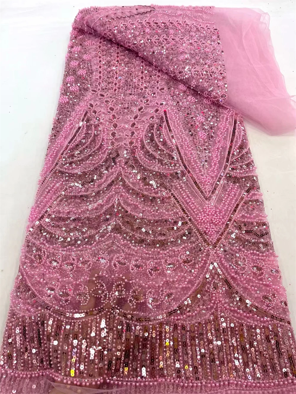 

Madison African Sequins Beaded Pink Lace Fabric High Quality French Tulle Lace Fabric 2024 Embroidery Nigerian Lace Fabrics