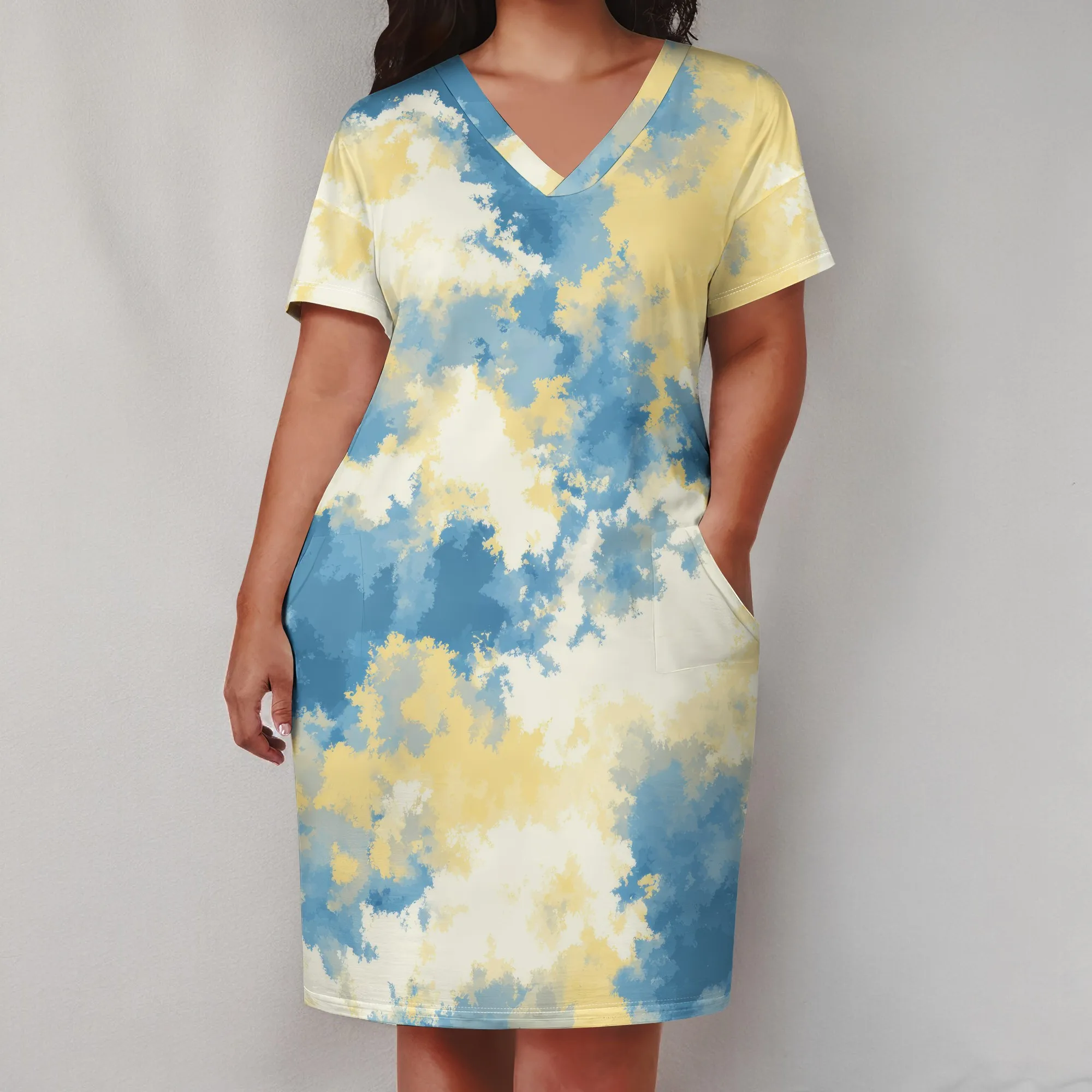 

Plus Size Dresses for Curvy Women Summer Casual Graffiti V-Neck Short Sleeve with Pockets Loose A Line Midi Dress