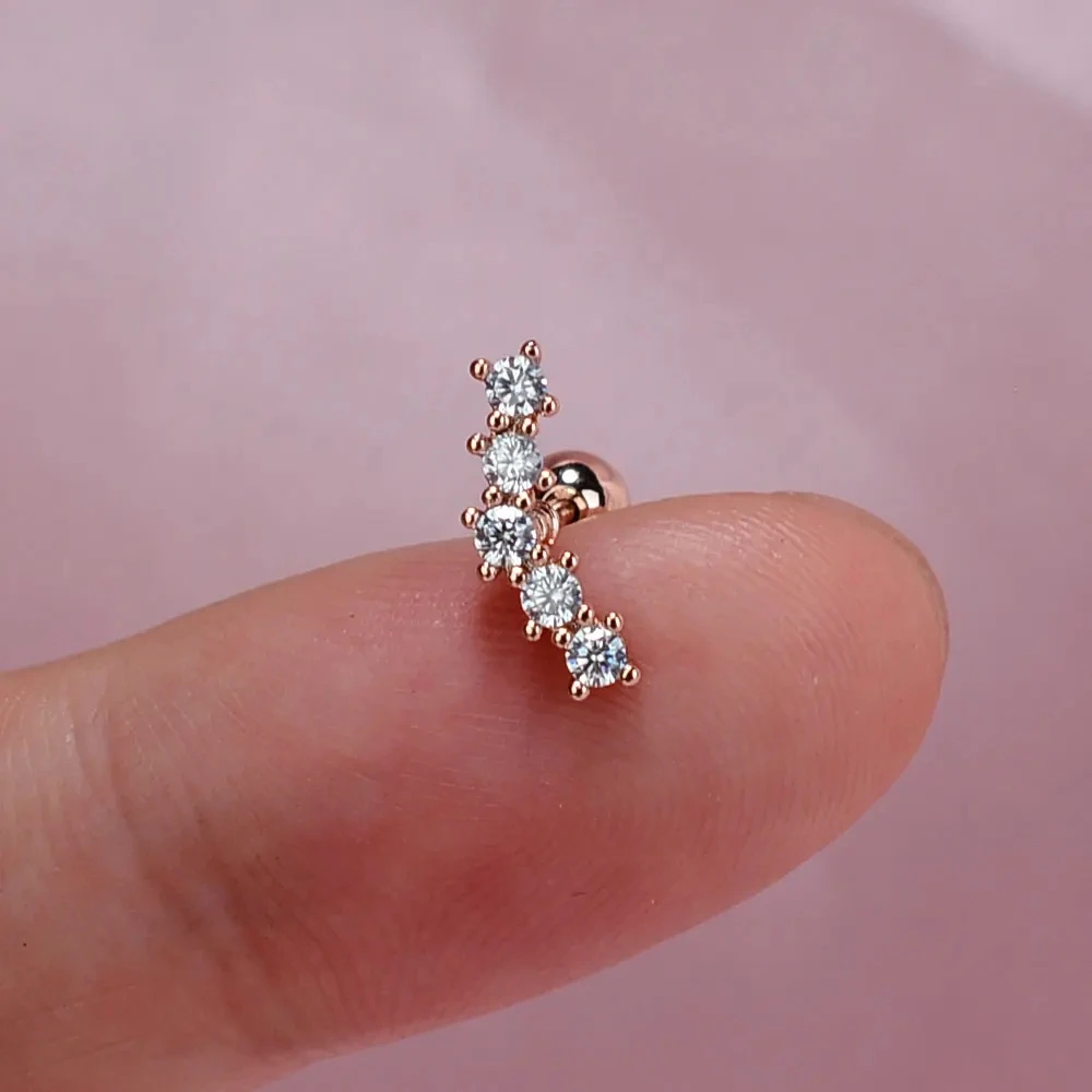 Curved CZ Cartilage Stud Moon Leaf Earring, Stainless Steel