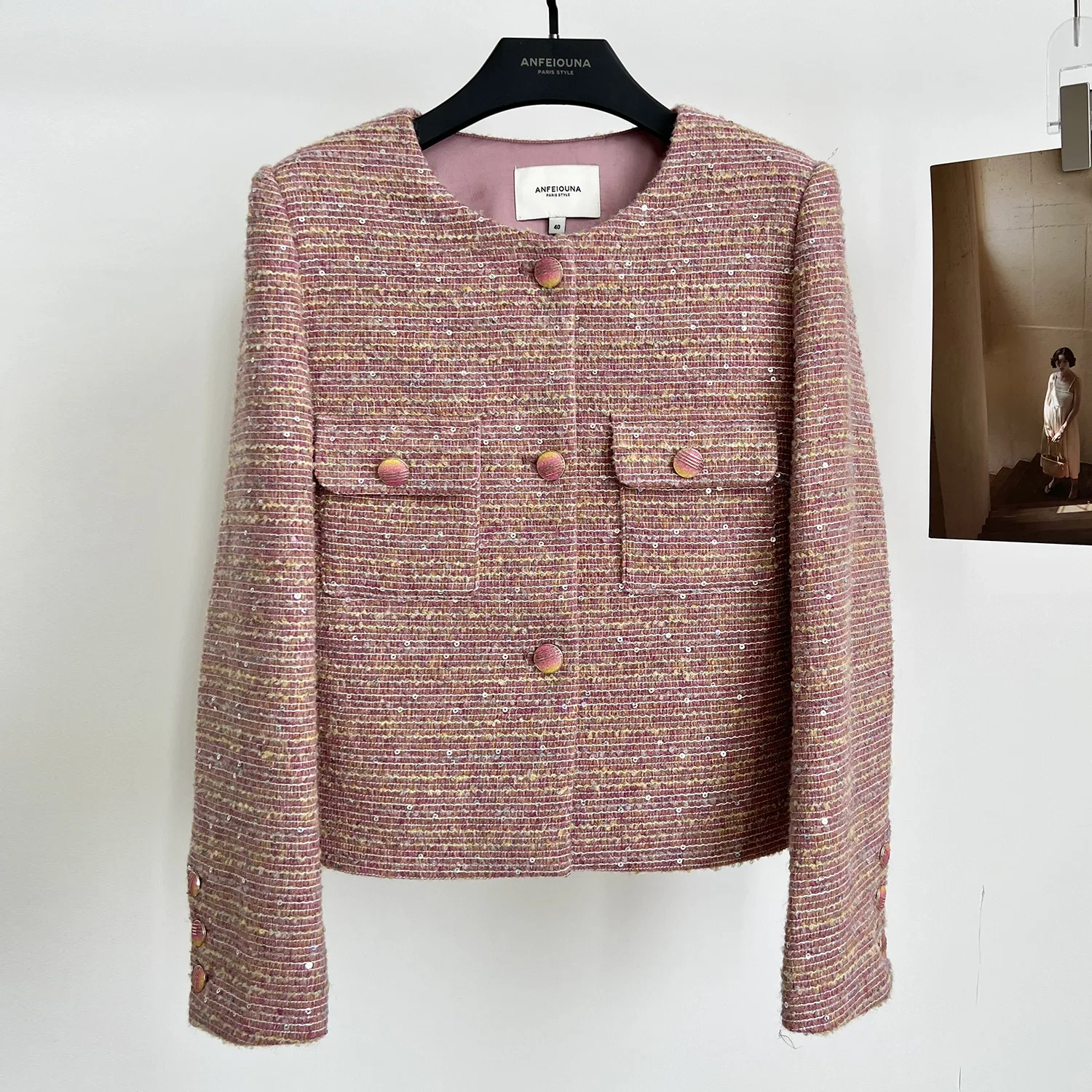 

Women's Blended Sequined Tweed Jacket, French Fragrant Wool, Basic Jacket, Sweet Autumn, New, 2024