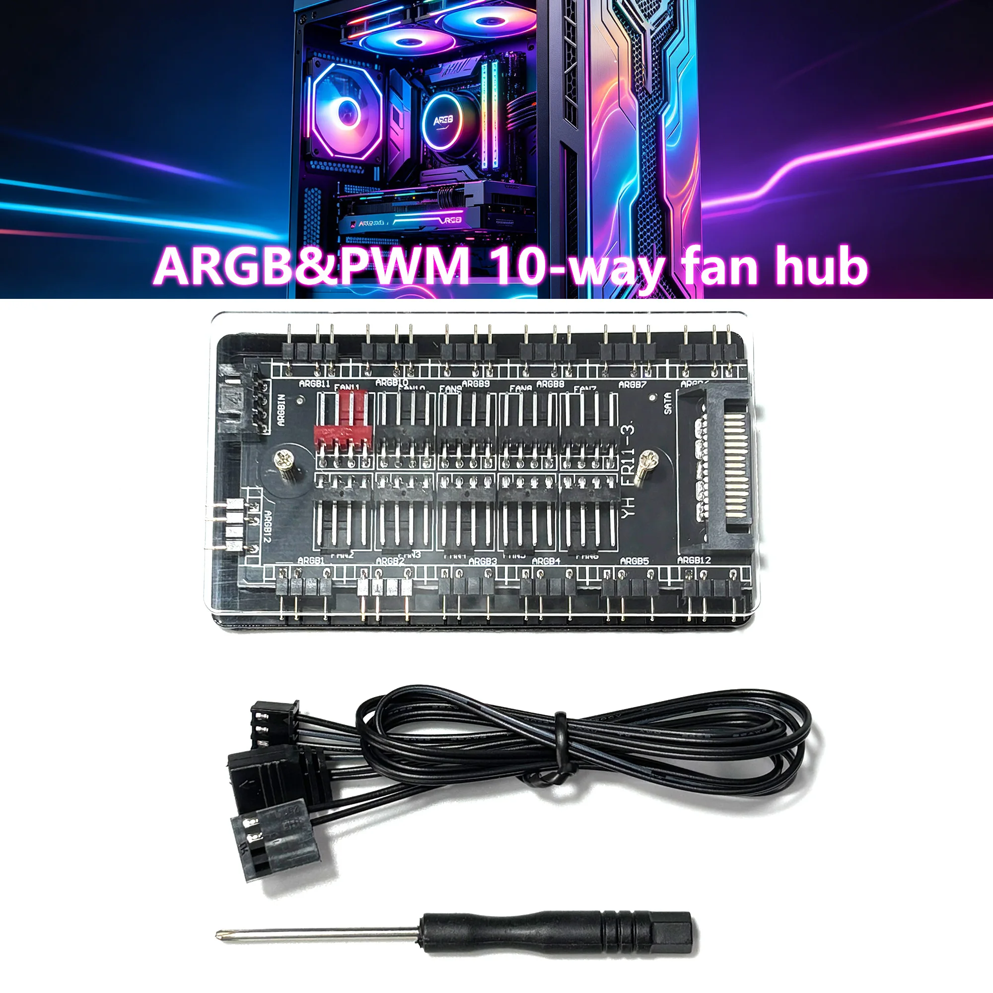Double 10 Way ARGB PWM HUB, 10 5V 3Pin ARGB + 10x 4Pin PWM Fan Hub, SATA Powered PC Cooling & Lighting Sync Hub