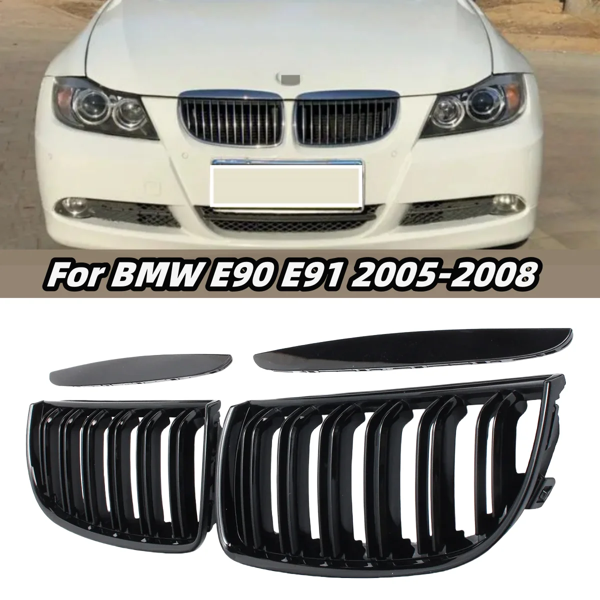 

Pair Glossy Black Car Front Bumper Grilles For BMW E90 E91 3 Series 323I 328I 335I 330I 325I 05-08 ABS Grille Racing Grill