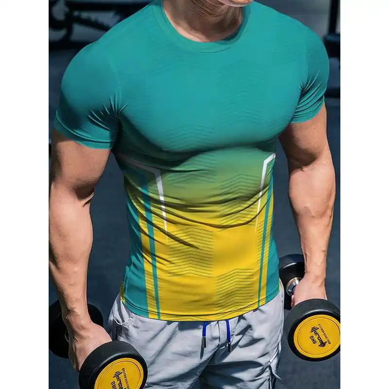 Trendy Yellow-green Gradient Striped Men's Fitness T-shirt High Stretch Short Sleeve Athletic Top Highlight Muscle Lines Ice Sil
