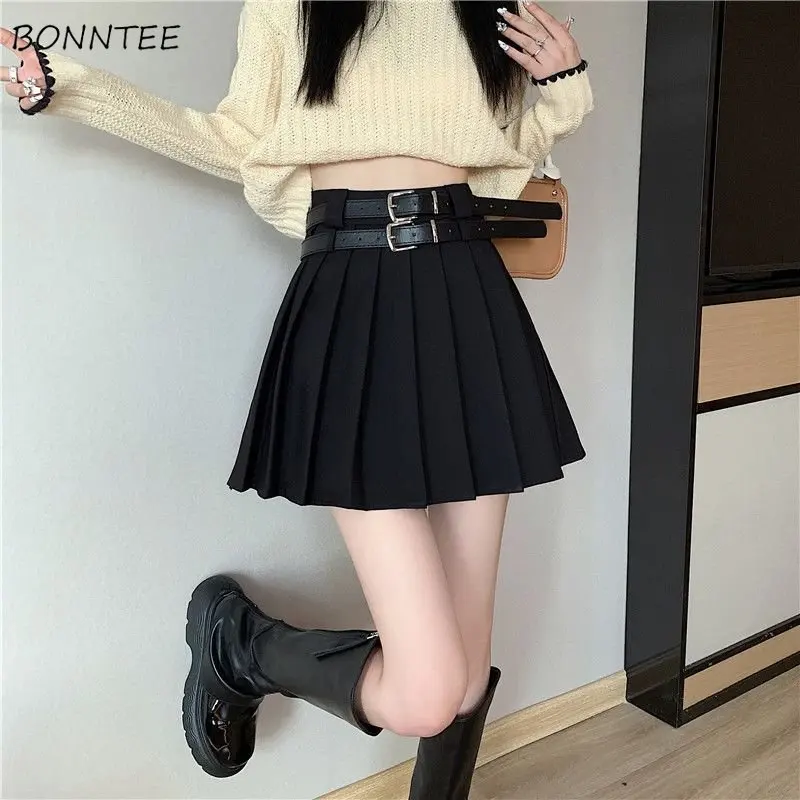 

Pleated Mini Skirts Women with Belt High Waist Y2k Korean Streetwear Ins Students Lovely Solid Vintage All-Match Spring Summer