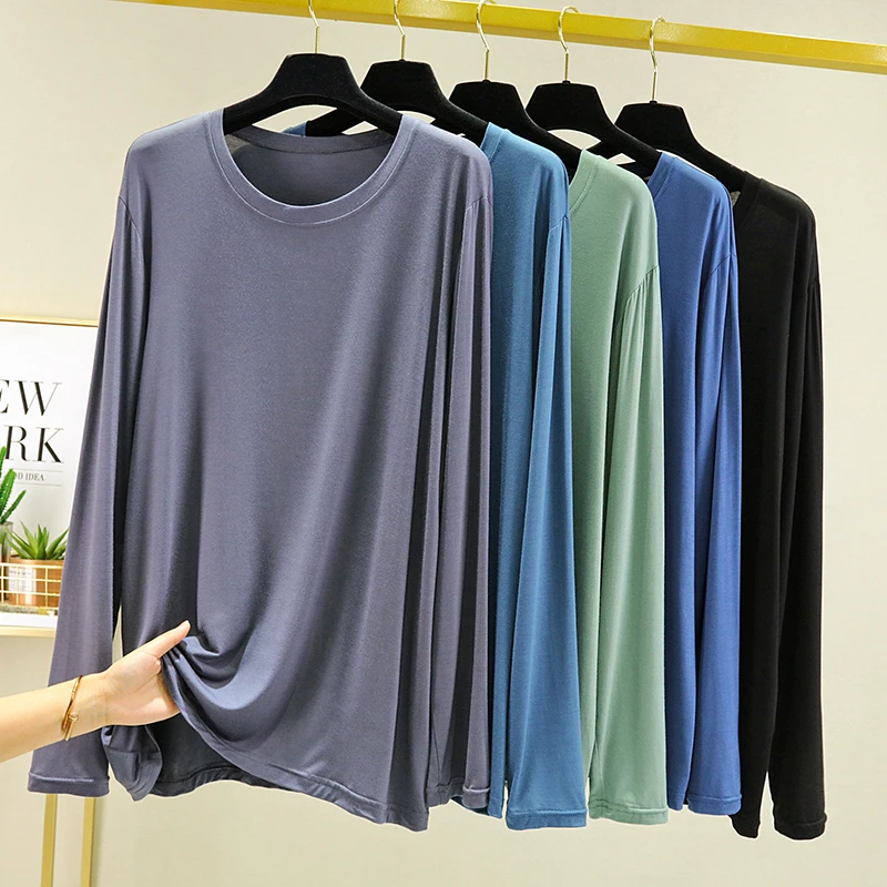 Loose Casual Men's Long Sleeve Modal T-shirt round Neck Sleepwear Home Top Large Size Sport Base Shirt Comfortable Soft Fabric