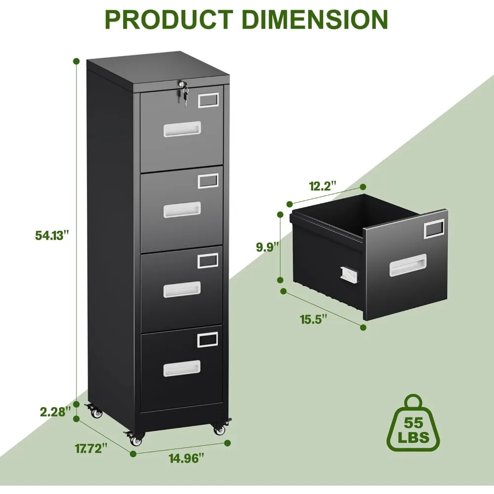 خزانة ملفات ذات 4 أدراج من Aobabo مع عجلات، خزانة ملفات معدنية قابلة للقفل مع بطاقة اسم للمكتب والمنزل، تتطلب التجميع، Bla