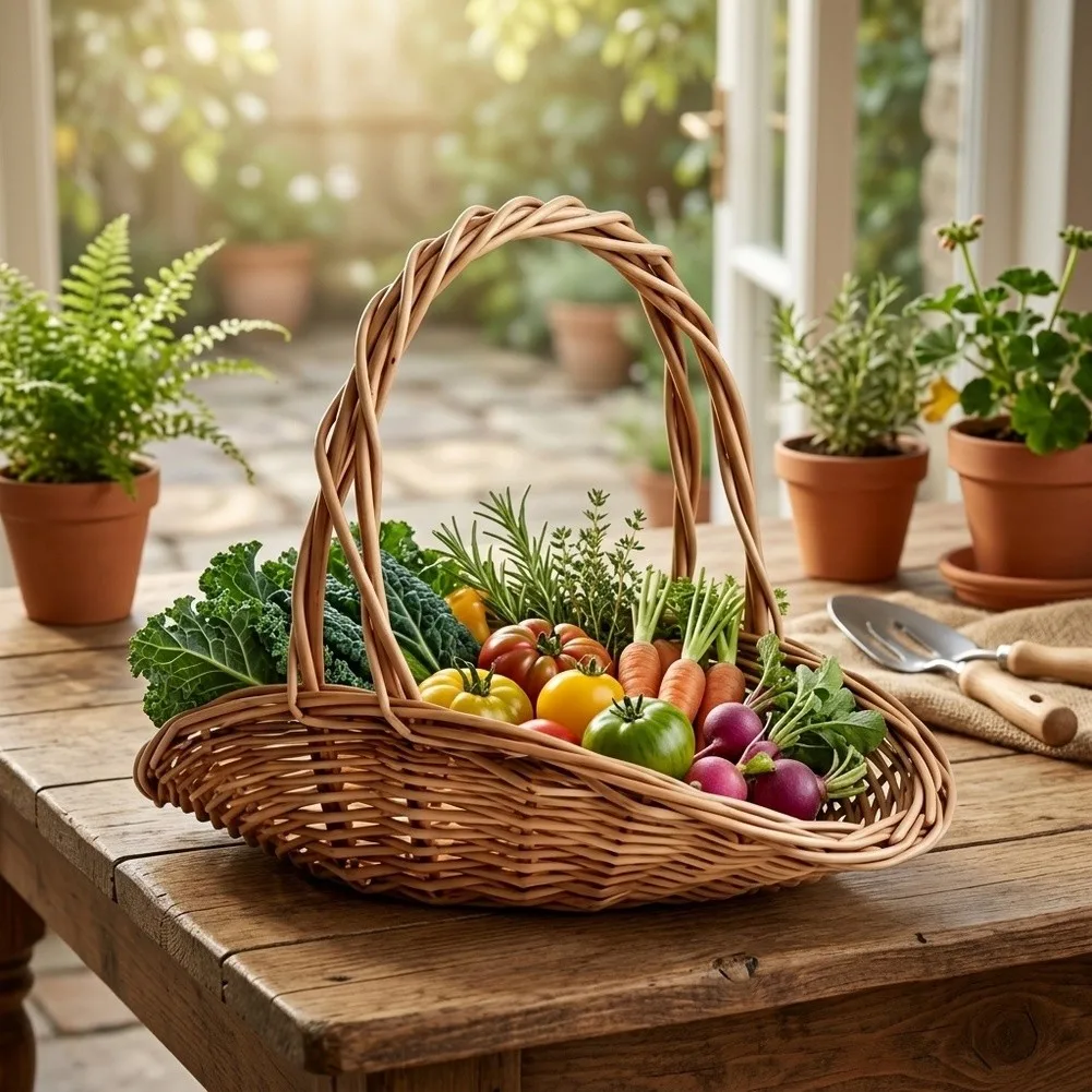 Sturdy Rattan Harvest Basket with Integrated Handle for Transporting Garden Yield Such as Peppers Cucumbers and