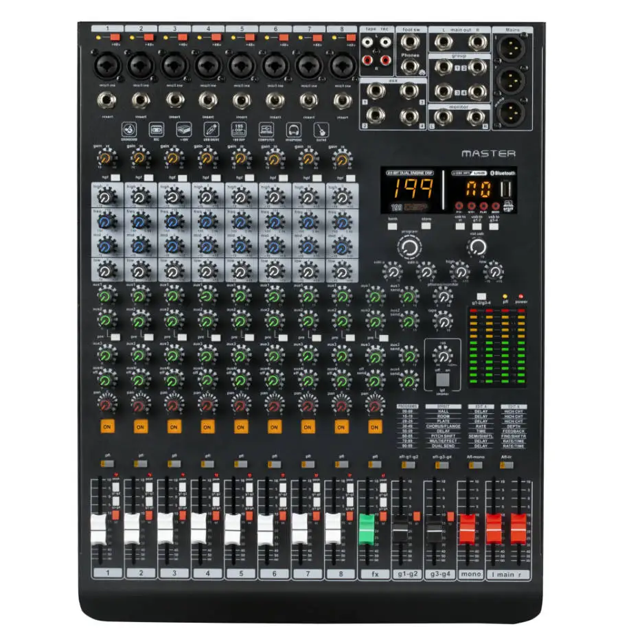 Professioneller 8-Kanal-Bluetooth-Mixer, 199-Bit-DSP, 4-Band-EQ, MP3, 48 V, USB mit Soundkarte, Aufnahme