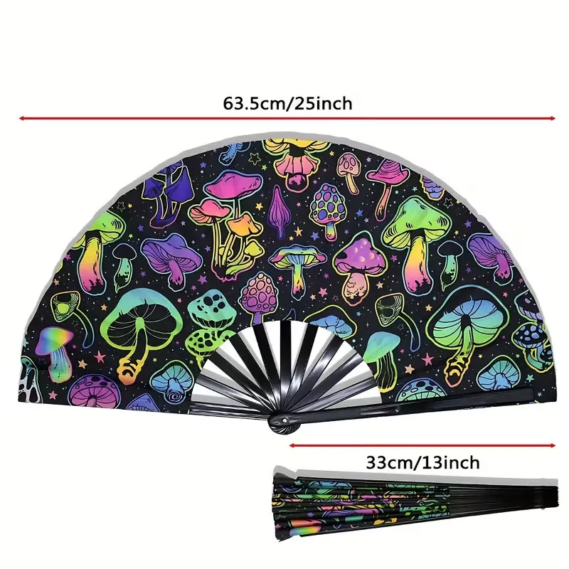 Glow-In-The-Dark Mushroom Folding Fan - Vibrant Neon Psychedelic Design, Made of Pp Material, Suitable for Parties, Raves, Halloween, Concerts, Role-Playing, and Themed Events - No Batteries Required, Mushroom Decoration