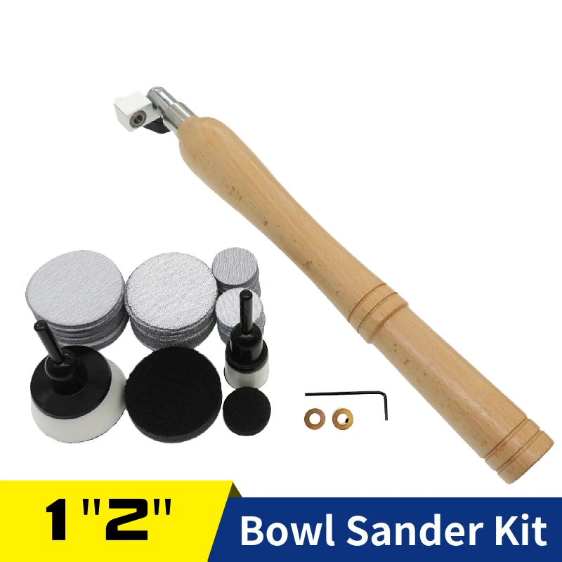 Bowl Sander Sanding Tool 1Inch 2Inch Hook&Loop Sanding PU Pad with Long Hardwood Handle Sandpaper and Foam Pad for Woodworking