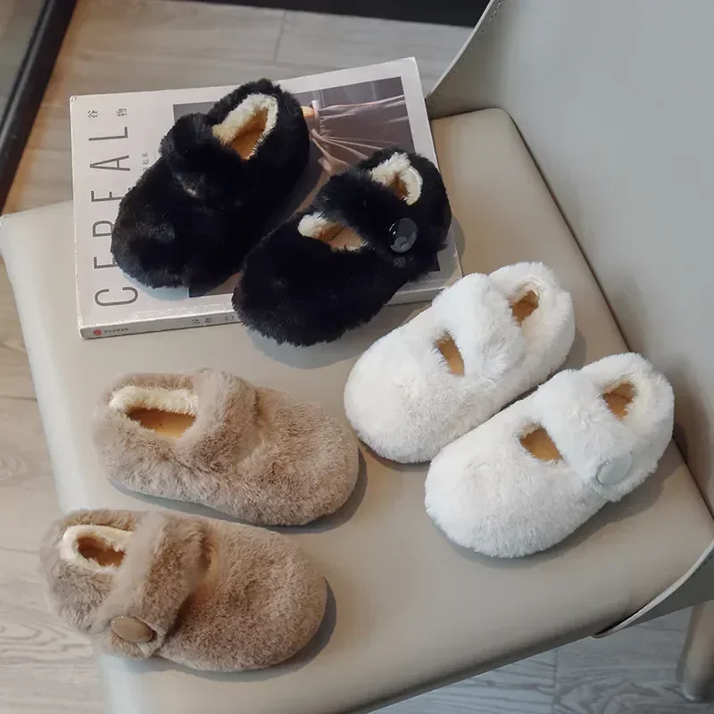 Kids Flat Shoes Fluffy Fur Warm Shallow New 2024 Winter Children Casual Shoes Hook-loop Cover Toe Comfy Girls Shoes