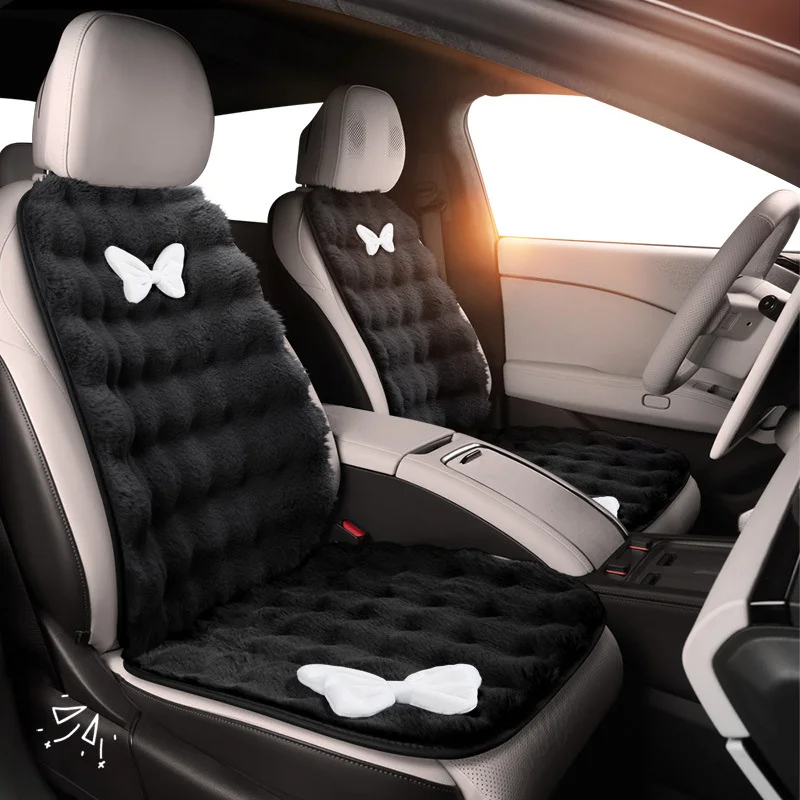 Winter Plush Car Seat Cover Bowknot Fashion Cute Women\'s Automotive Interior Protector Steering Wheel Warm Cushion Car Pillow