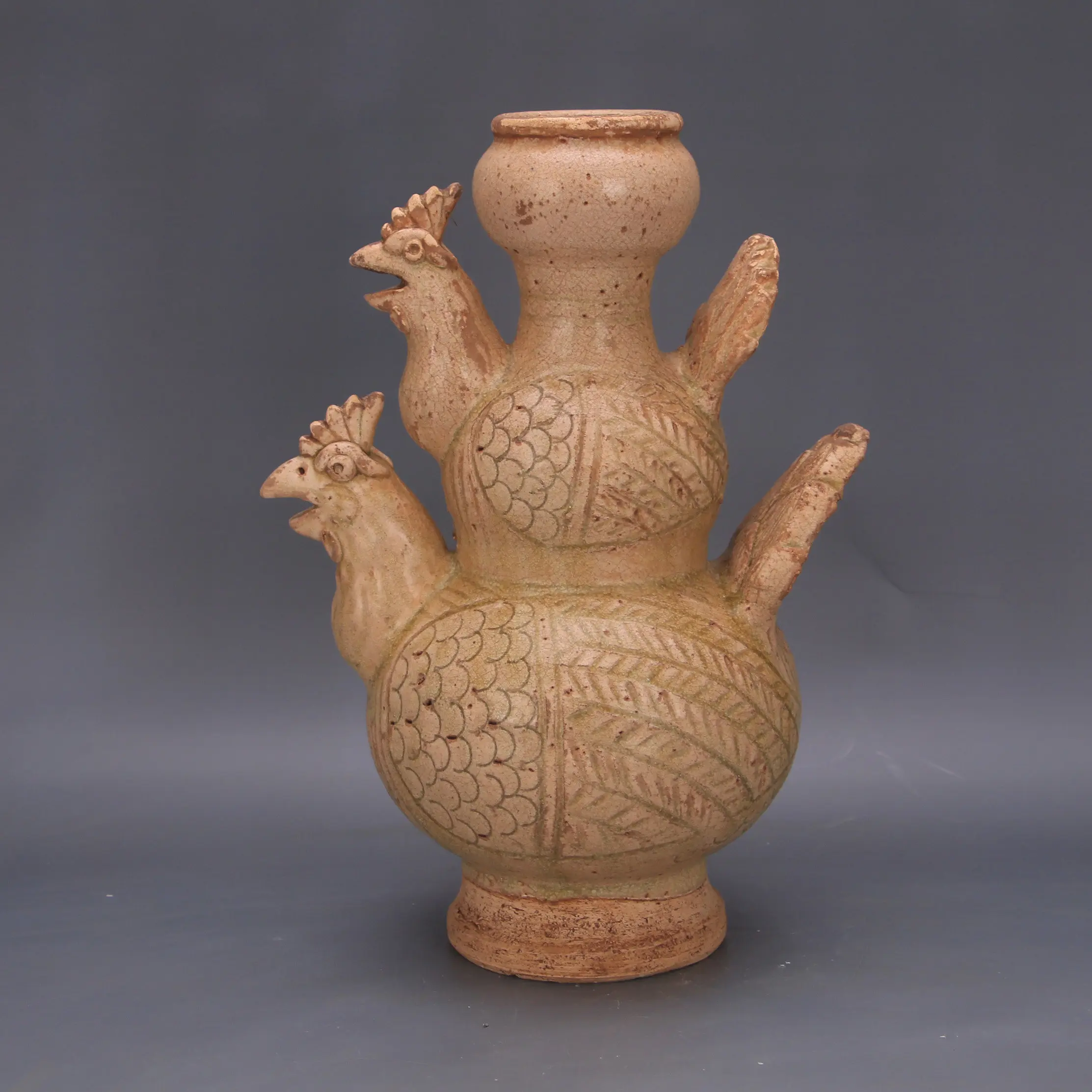 Northern Southern Dynasties Yellow Glaze Ice Crackle Double Phoenix Chicken Head Ewer Replica Porcelain Home Decor