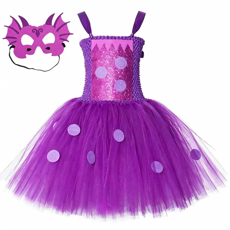 Purple Dragon Fluffy Tulle Tutu Gown Girls Dino Cosplay Outfit Complete with Wings Mask for Halloween Carnival Stage Birthday