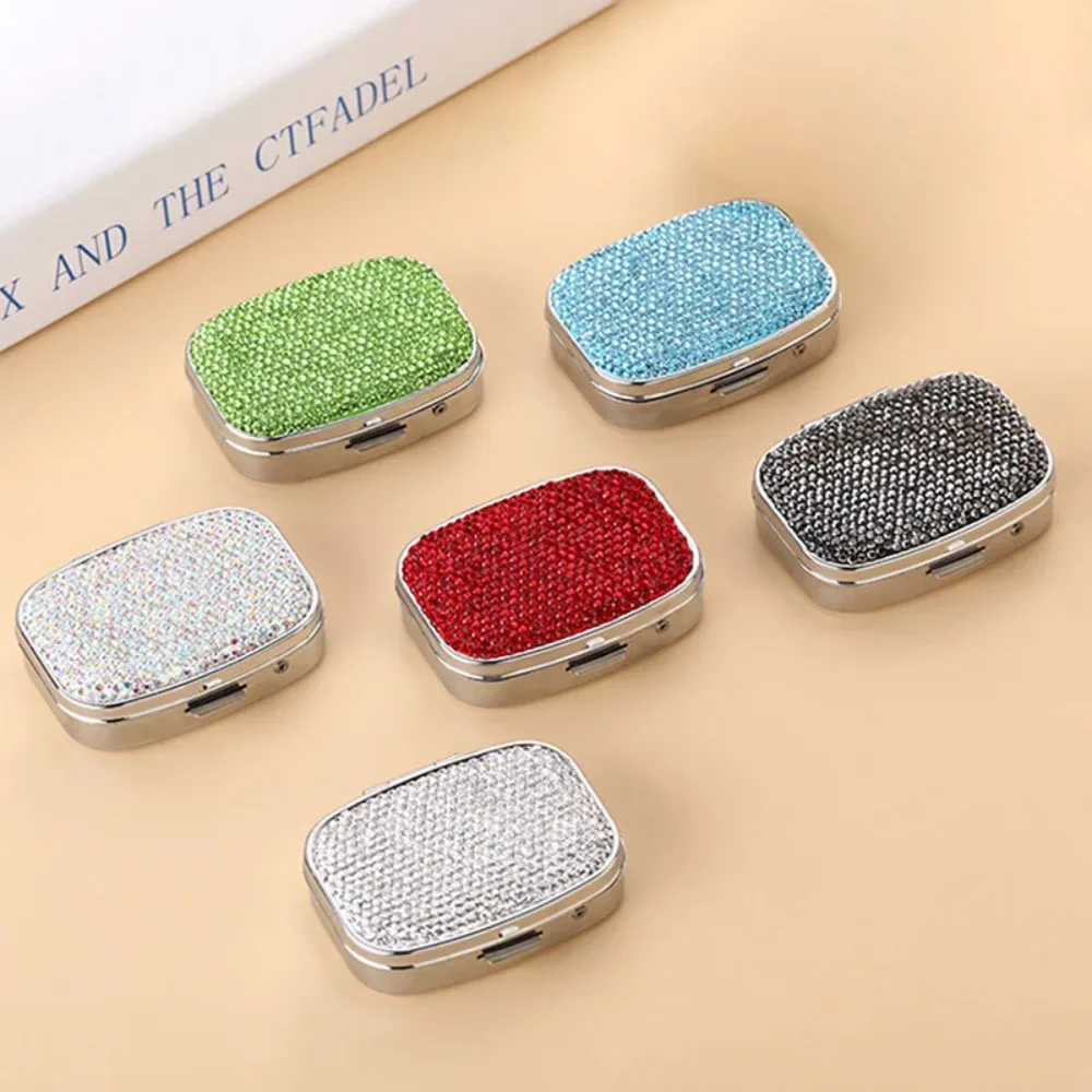 Blingbling Diamond Metal Medicine Box 2 Grid Pill Box Travel Portable Tablet Vitamin Fish Oil Organizer Pillbox Mini Storage Box