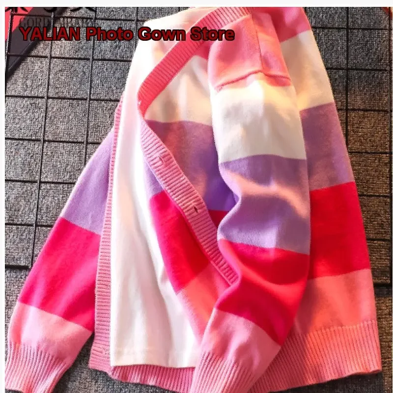 Girls Pure Cotton Knit Spring Outfit Colorful Striped Jacket for Older Kids Students