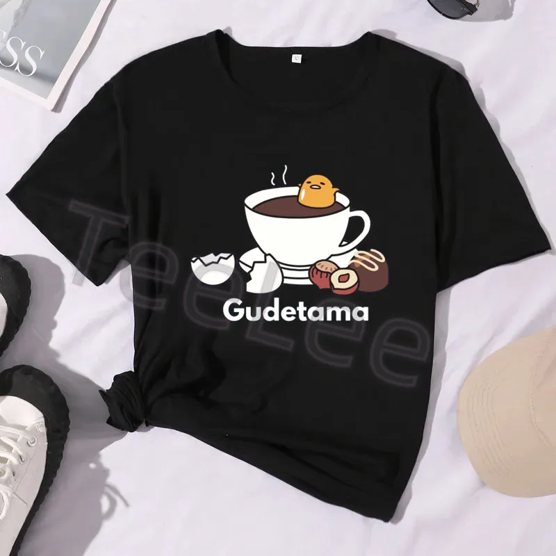 Gudetama Print Coffee Tshirt Japanese Anime Egg Graphic Black Tee Shirt Women Summer Short Sleeve Kawaii Top Streetwear