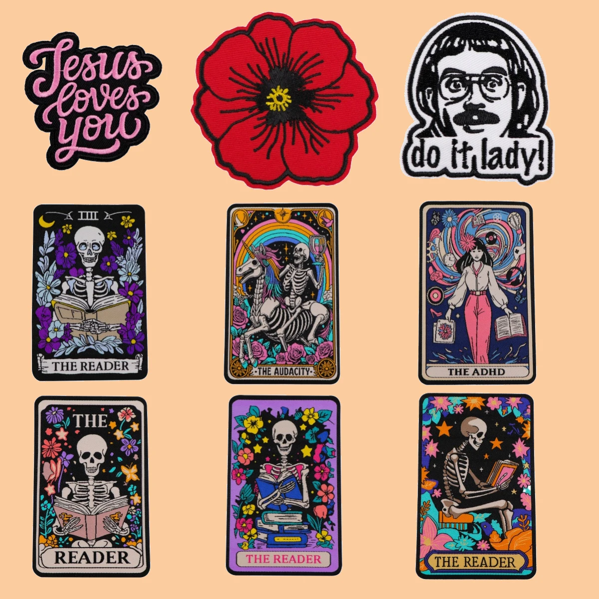 الهيكل العظمي بطاقة التارو المطرزة بقع الخشخاش التصحيح للملابس بقع لاصقة حرارية على حقائب الظهر DIY السترات ملصقات