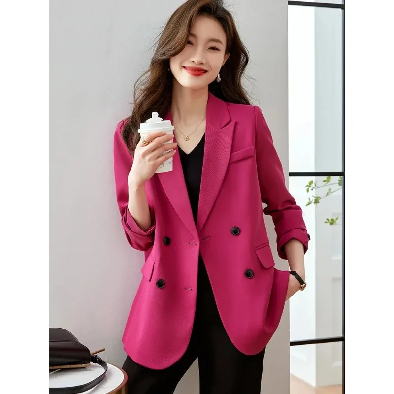 Moda rosa nero caffè Casual donna Blazer cappotto donna manica lunga doppio petto sciolto giacca femminile per l'autunno inverno