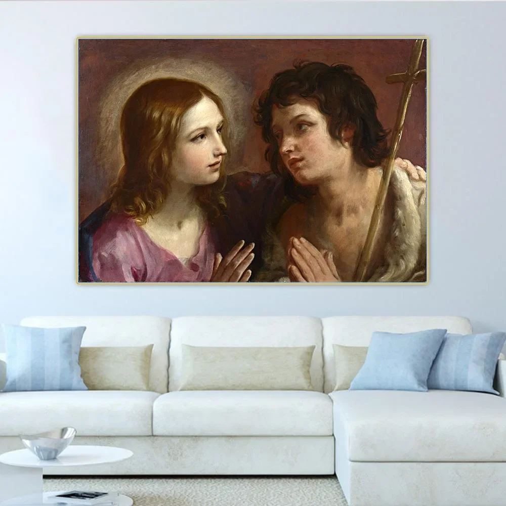 Guido Reni-Cristo abrazando San Juan el bautista lienzo pintura al óleo estética imagen decorativa decoración del hogar