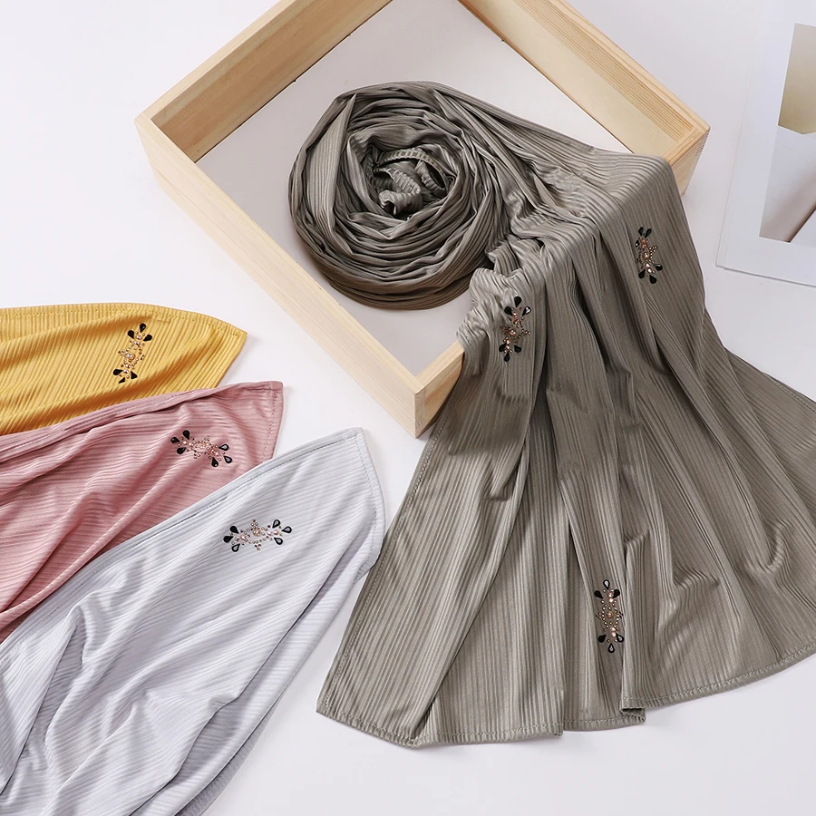 Fashion Ribbed Jersey Hijab Muslim Plain Scarf Crepe Rhinestone Hijab Soft Islamic Shawls Wraps Headband for Women image 5