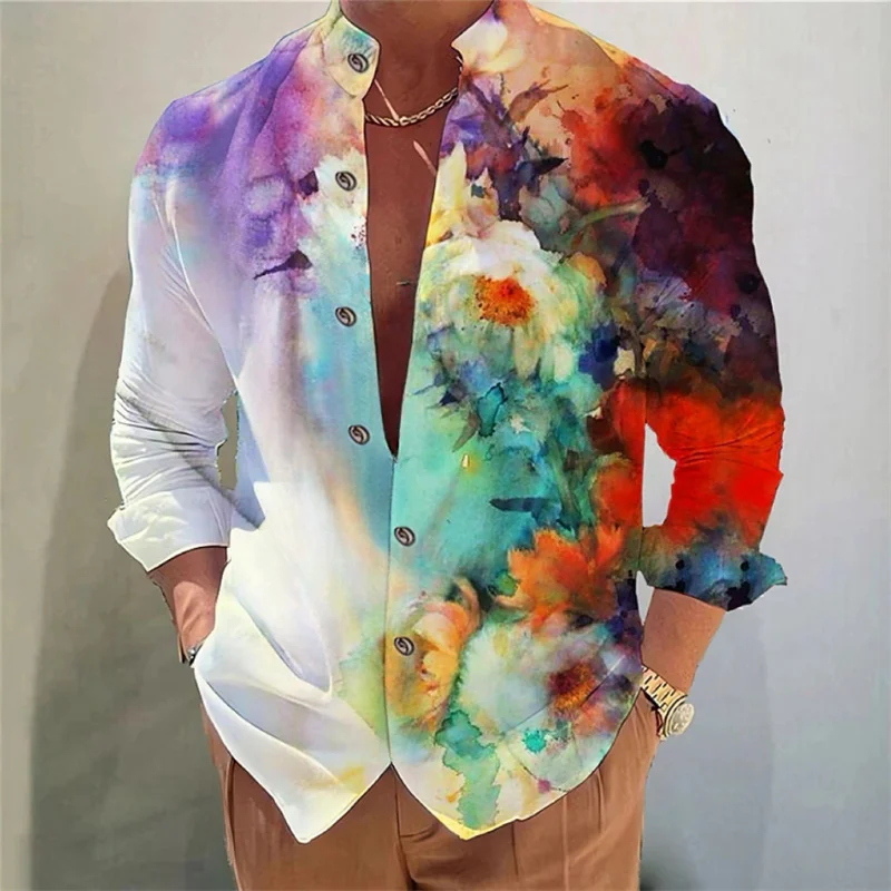 Men\'s shirt tie shirt 3D printing pattern shirt Flower outdoor shopping fashion trend super large yard XS-6XL soft fabric