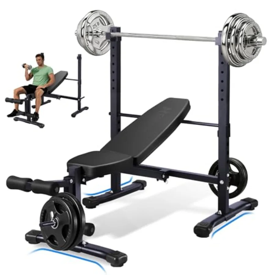 Home Gym Weight Bench Set with Leg Extension/Curl Steel Black Folding Adjustable Flat Bench with 8-Level Barbell Rack 1000LBS C