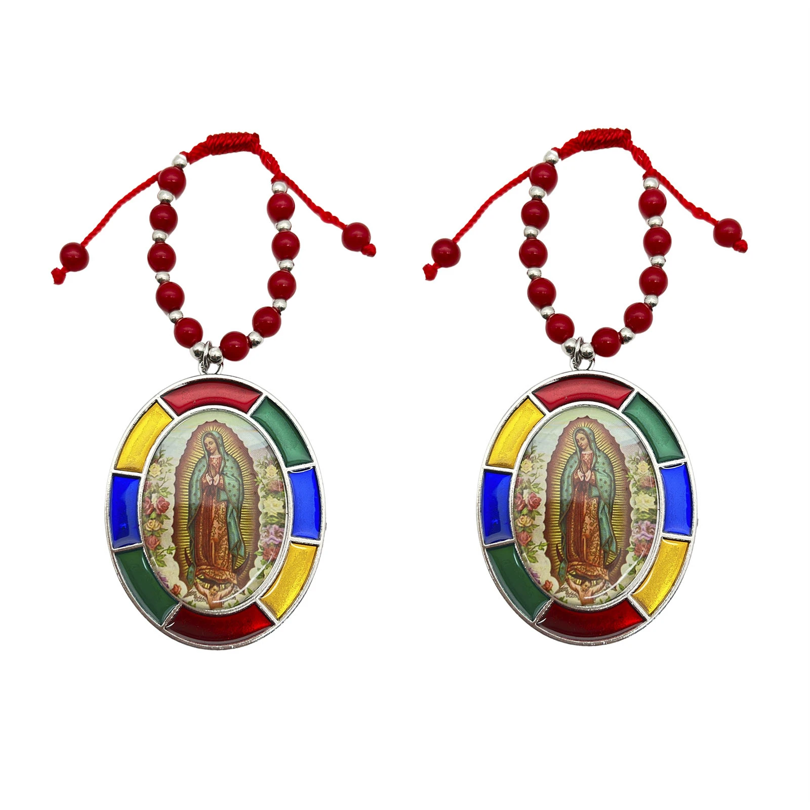 2PCS Virgin Mary / Saint Jude Protection Blessing Charm Silver Plating Guadalupe Medal Red Beads Catholic Handmade Jewelry Gift