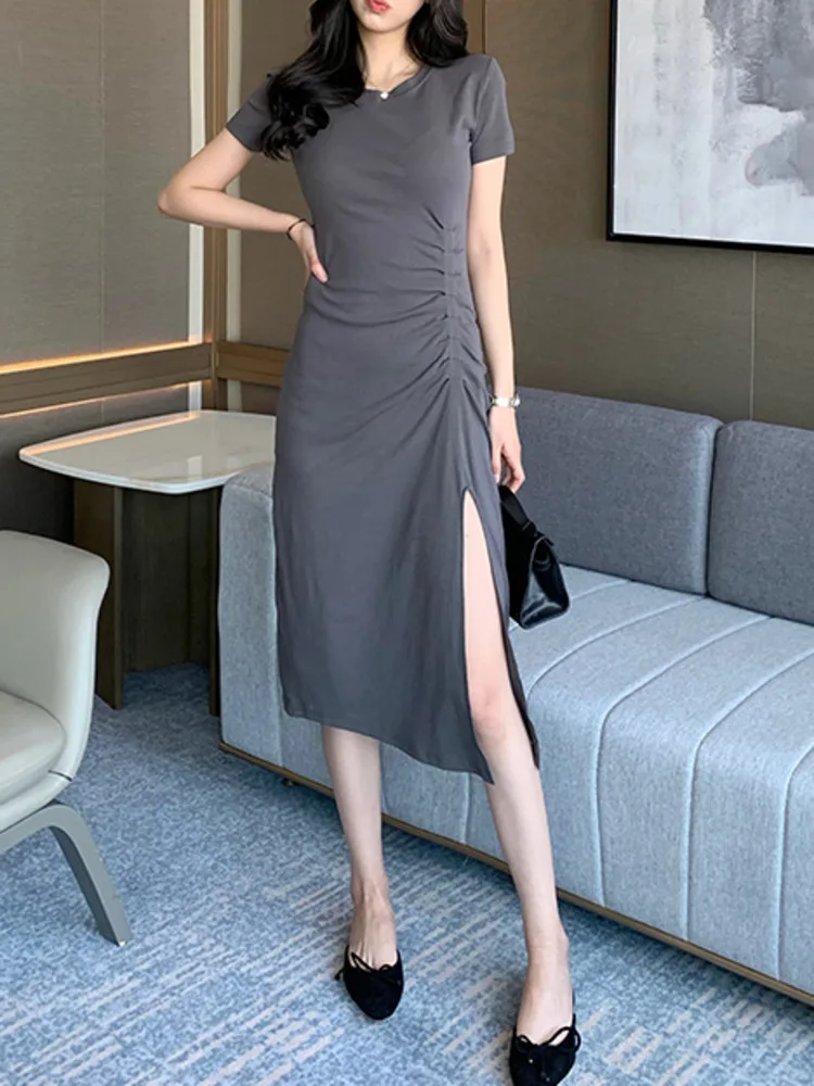 

Irregular Split Skinny Fit Mid-length Dress Women Summer Slim Shirring Short Sleeve Solid Color Mid-calf Dresses Female Elegant