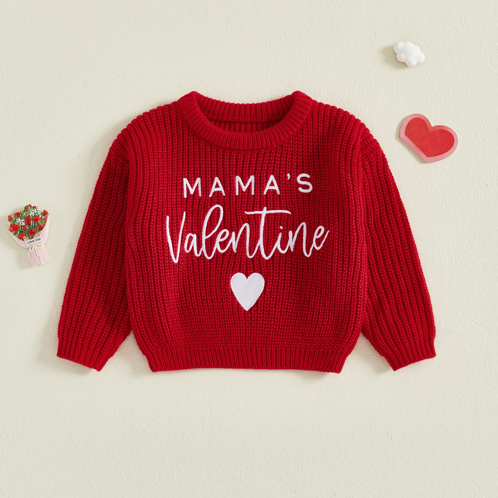 

Baby Valentine's Day Sweaters Long Sleeve Round Neck Letter Heart Embroidery Tops Toddler Knit Pullover Knitwear