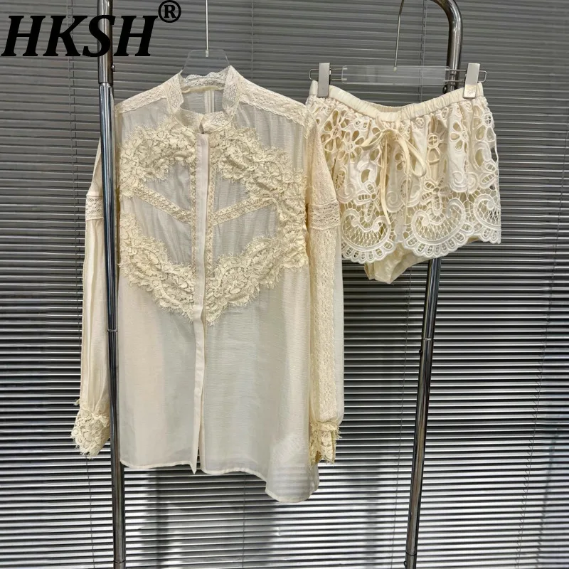 

HKSH Early Autumn New Women Shirt Stand Collar Lace Patchwork Long Sleeve Elegant Stylish Ins Tops Sexy Chic Short Skirt HK10567