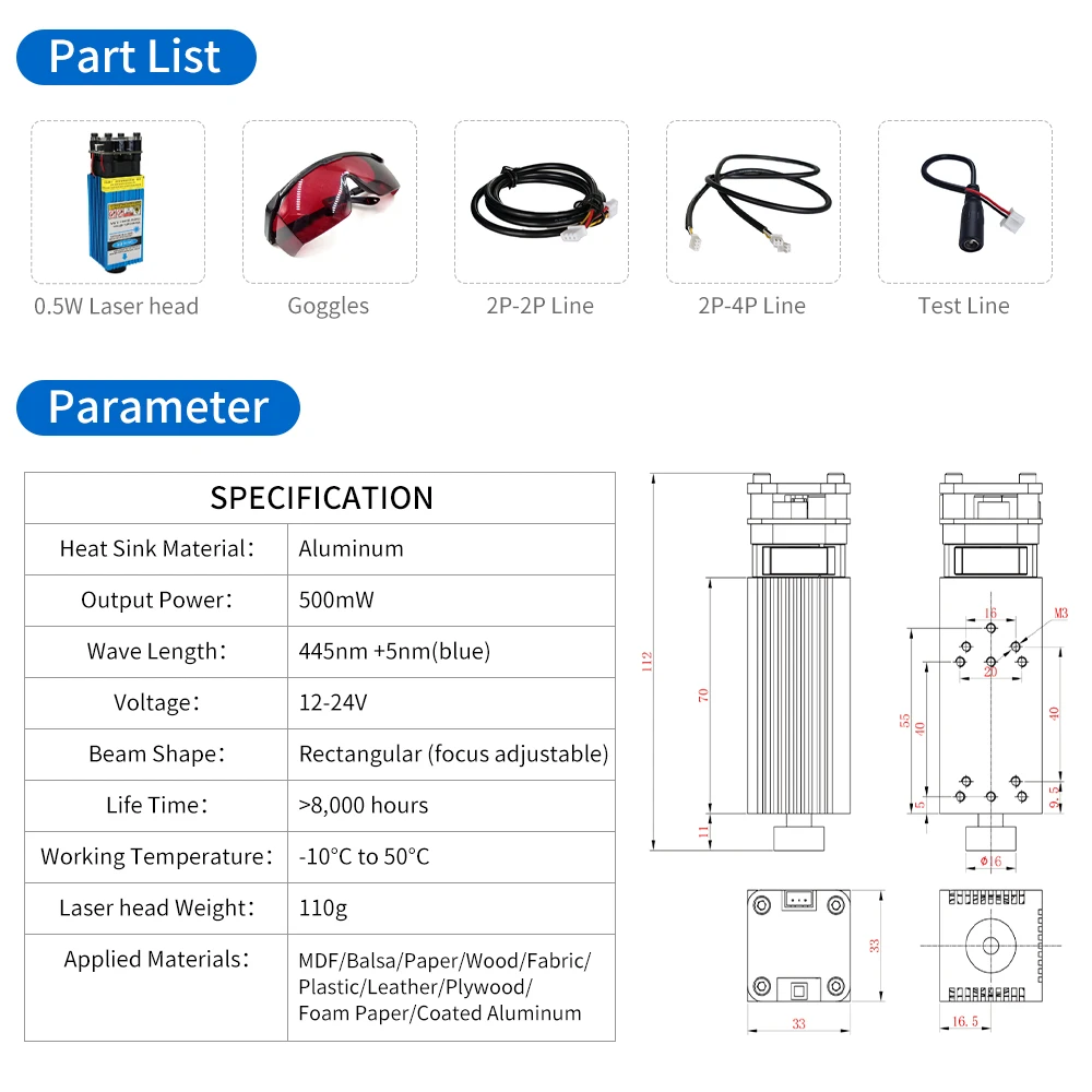 500mW 405NM 12V Blue Violet Laser Module Adjustable Focal Laser Head With TTL PWM Control With Goggles For Laser Engraver