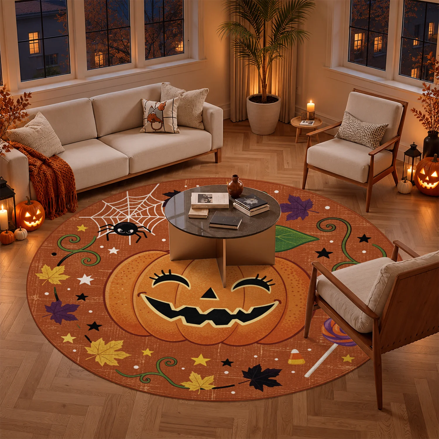 Jack-o'-Lantern Spider Web Candy Design Round Velvet Rug, Machine Washable Soft Decorative Mat for Entryway, Living Room, Dining Space, Ideal for Halloween, Thanksgiving, Christmas, New Year, Black Friday