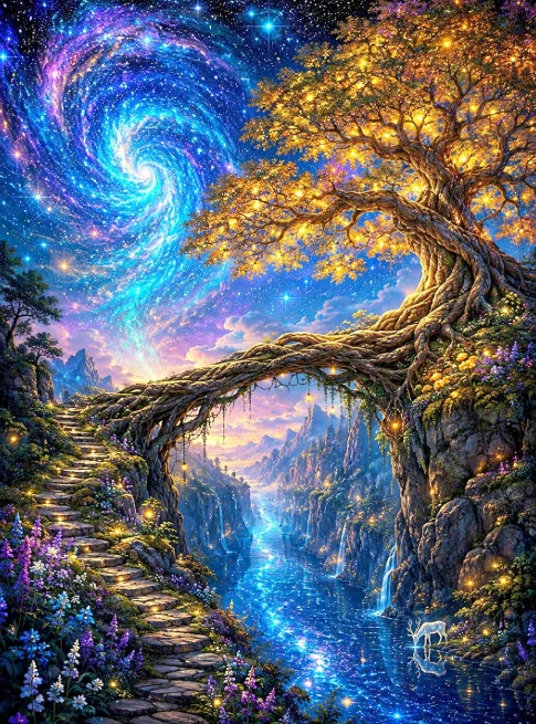 500/1000/1200/2000PCS Jigsaw Puzzle Fantasy Landscape Twisted Giant Tree Spiral Galaxy Glowing River Mountain Valley Art Gift