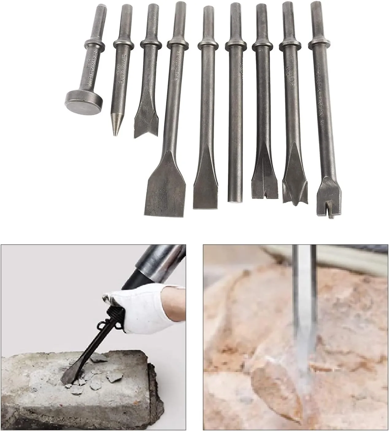 9Pcs Pneumatic Air Hammer Punch Chipping Bits Tool Chisel 0.39In Shank Tool Set