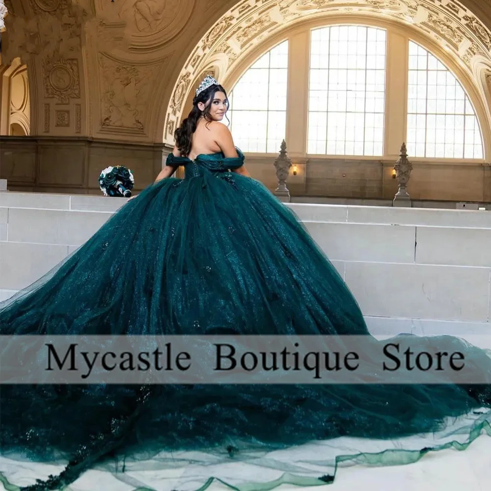 Dark Green Off the Shoulder Glitter Crystal Ball Gown Quinceanera Dresses Sequined Appliques Lace Corset Vestidos De 15 Años