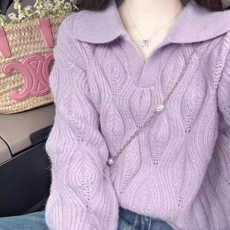 

Purple Turn-down Collar Knitshirts For Women Fashionable Full Sleeve Pullover Sweater Solid Color Versatile Female Tops