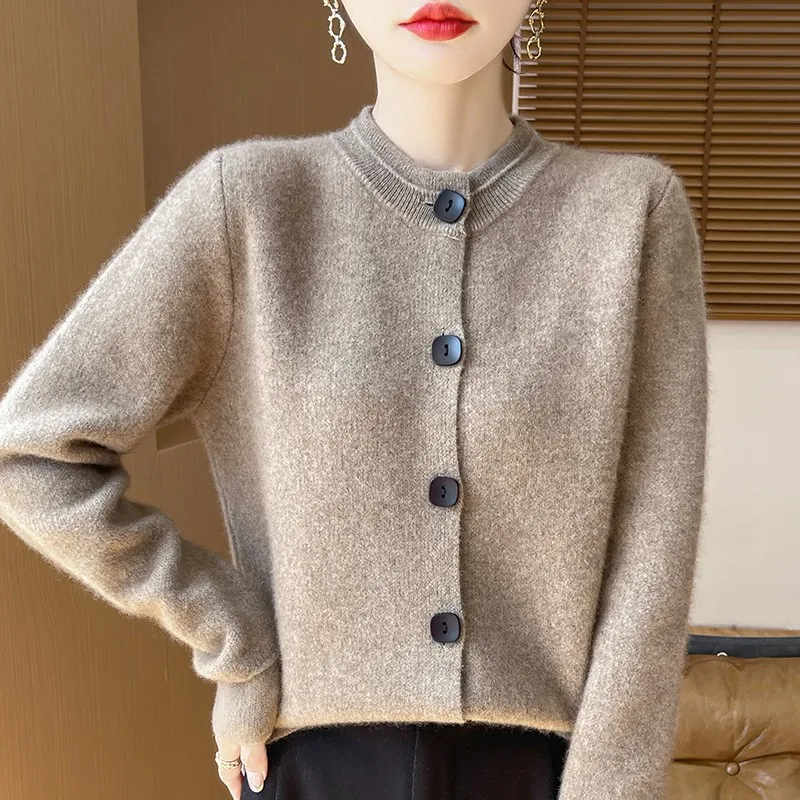 New Autumn Winter Women O Neck Knitted Sweater Coat 100% Merino Cardigan Women Korean Version Of Popular Knitted Top