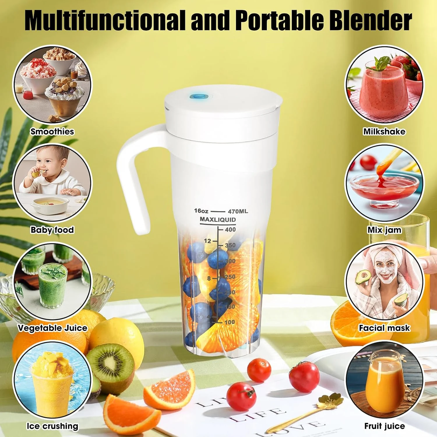 

Compact Portable Black Smoothie Maker Blender with 6 Detachable Blades, USB Rechargeable Personal Size 16 Oz Juicer for On-the-G