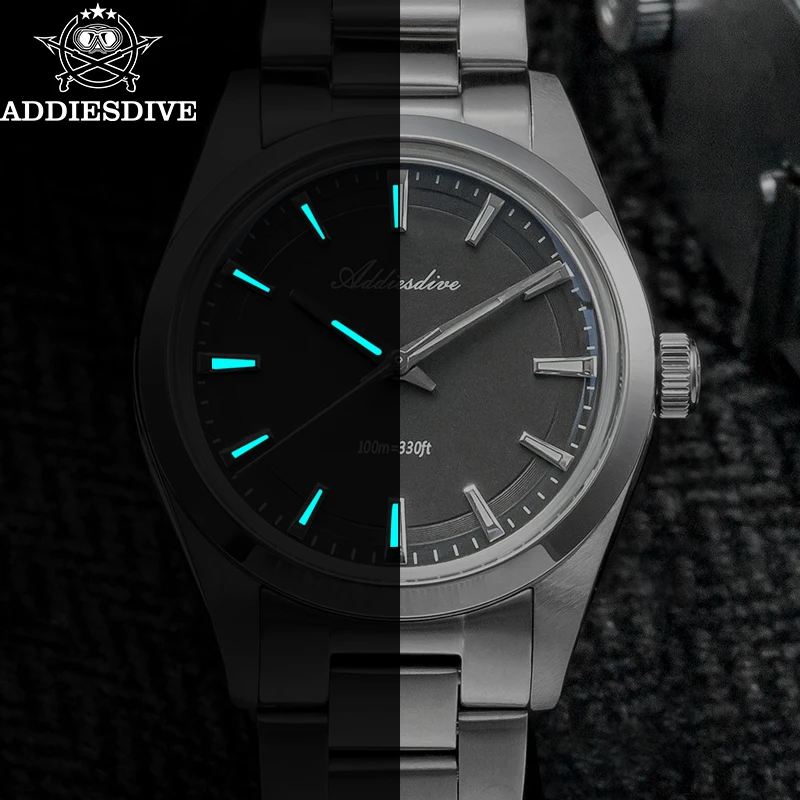 ADDIESDIVE Watch For Men New 36mm Quartz AR Coating Dome Glass Luminous 100m Waterproof Stainless Steel VH31 Wristwatch AD2066