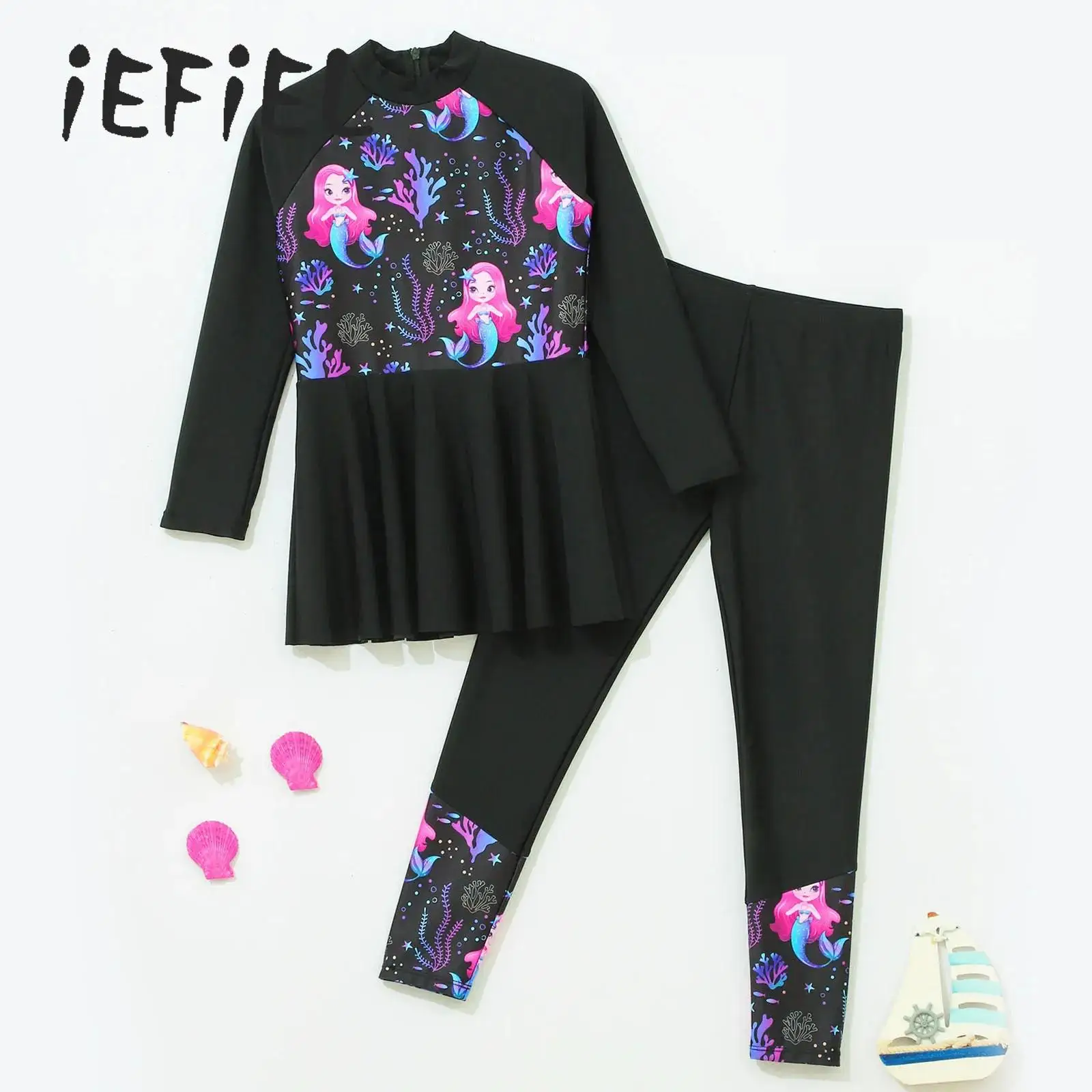 2Pcs Girls Mermaid Print Swimsuit Swimwear Long Sleeve Swim Dress And Leggings Set Full Sun Protection Rash Guard Bathing Suit