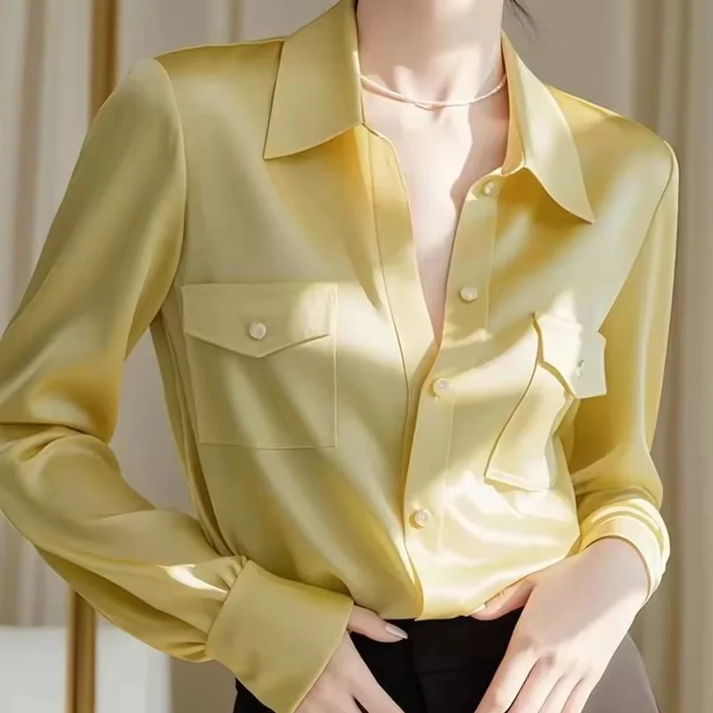 

Spring Summer Temperament Chiffon Blouse Ladies Simplicity Elegant Turn-down Collar Long Sleeve Shirts Fashion Buttons Women