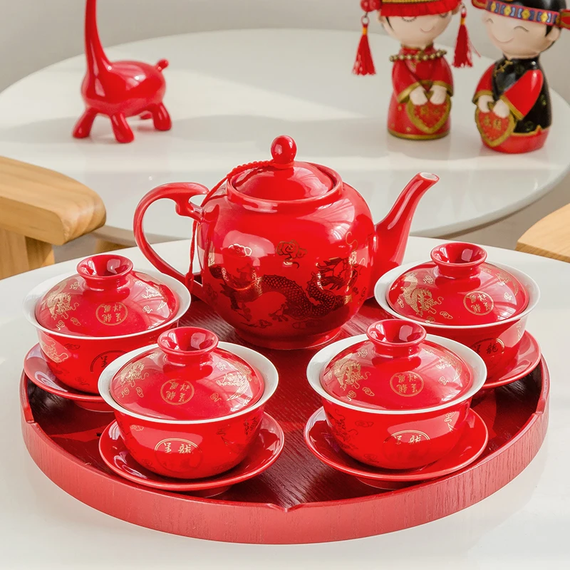 Imagem -03 - Chinês Fontes de Casamento Vermelho Conjunto Chá de Cerâmica Peças 570ml Bule Gaiwan Conjunto com Servindo Bandeja Chá Presente Porcelana