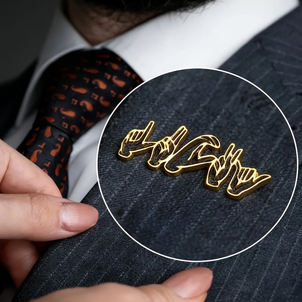 Personalized Custom ASL Sign Language Brooch Stainless Steel Gold Lapel Pin Hand Gesture Name Badge Deaf Culture Suit Jewelry
