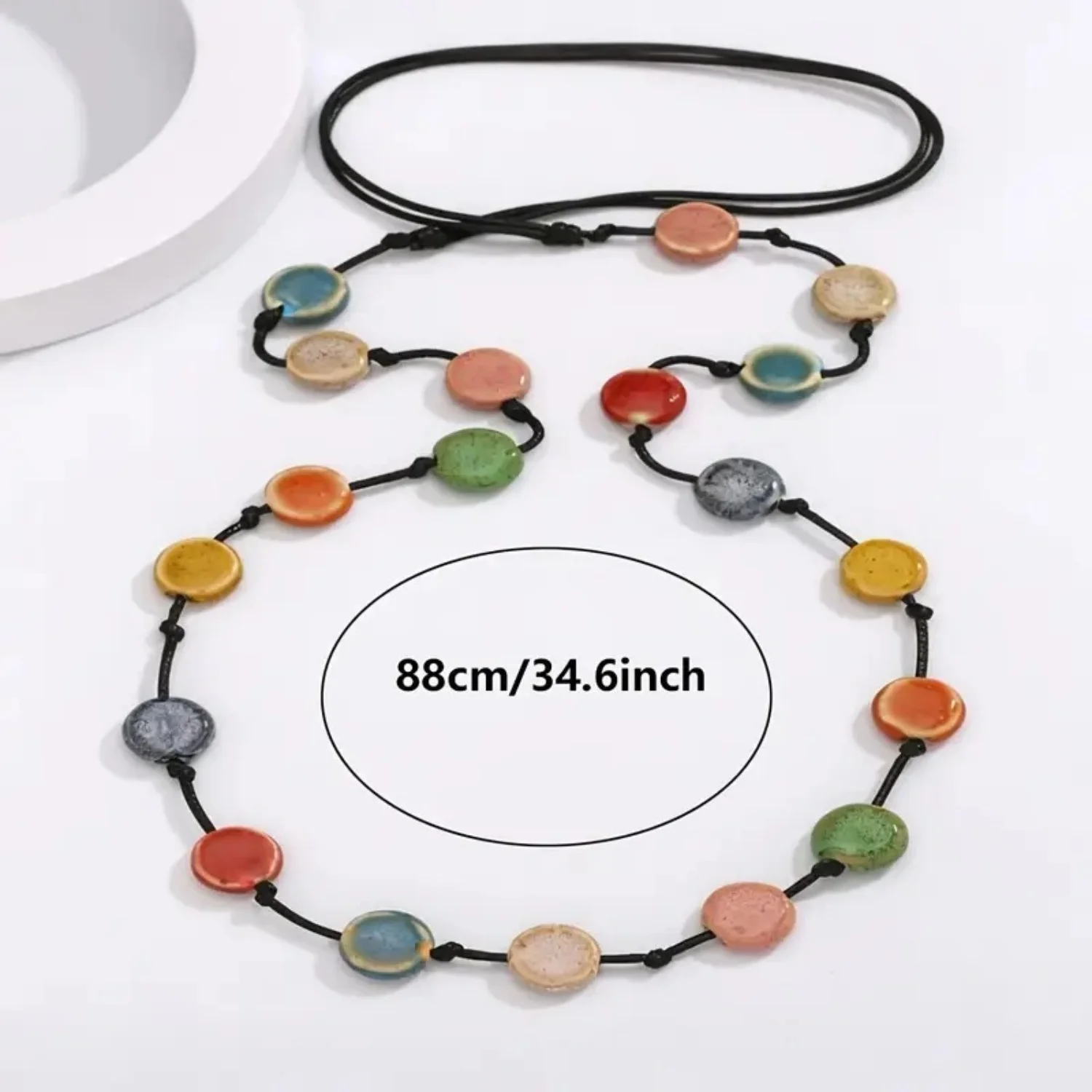 1Pc Long Flat Ceramic Color Beaded Necklace for Women,Trendy Fashion Neck Jewelry,Versatile Accessory Suitable for Daily Leisure