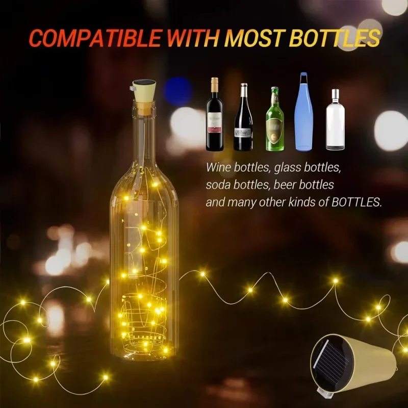 Solar Powered Bottle Cork String Lights Mini Led Copper Wire Fairy Lights Rechargeable For Patio Christmas Home Bar 20Leds Lamp