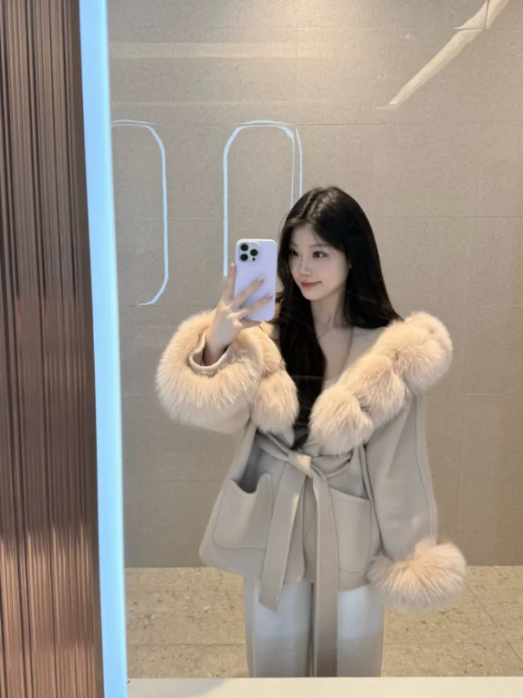 

Утепленное двустороннее шерстяное пальто с меховым воротником Sweet Sle Princ Fit, осенне-зимняя новинка, женская верхняя одежда