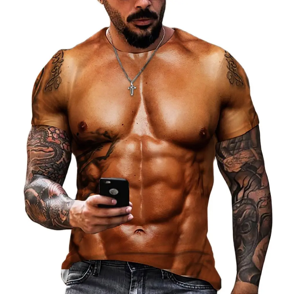 Camiseta de manga corta 3D para hombre, camisetas ajustadas a la moda, camisetas divertidas para músculos abdominales, camisetas holgadas de gran