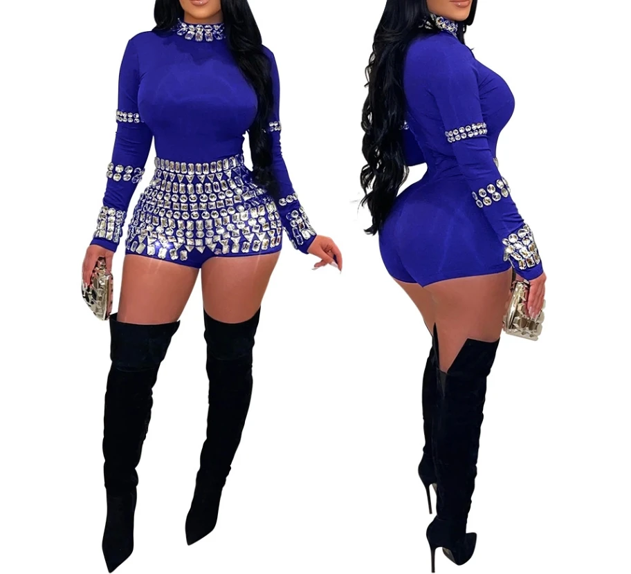 

Женский роскошный комбинезон, сексуальная праздничная одежда, модные повседневные комбинезоны, однотонный узкий комбинезон со стразами и воротником-стойкой с длинными рукавами